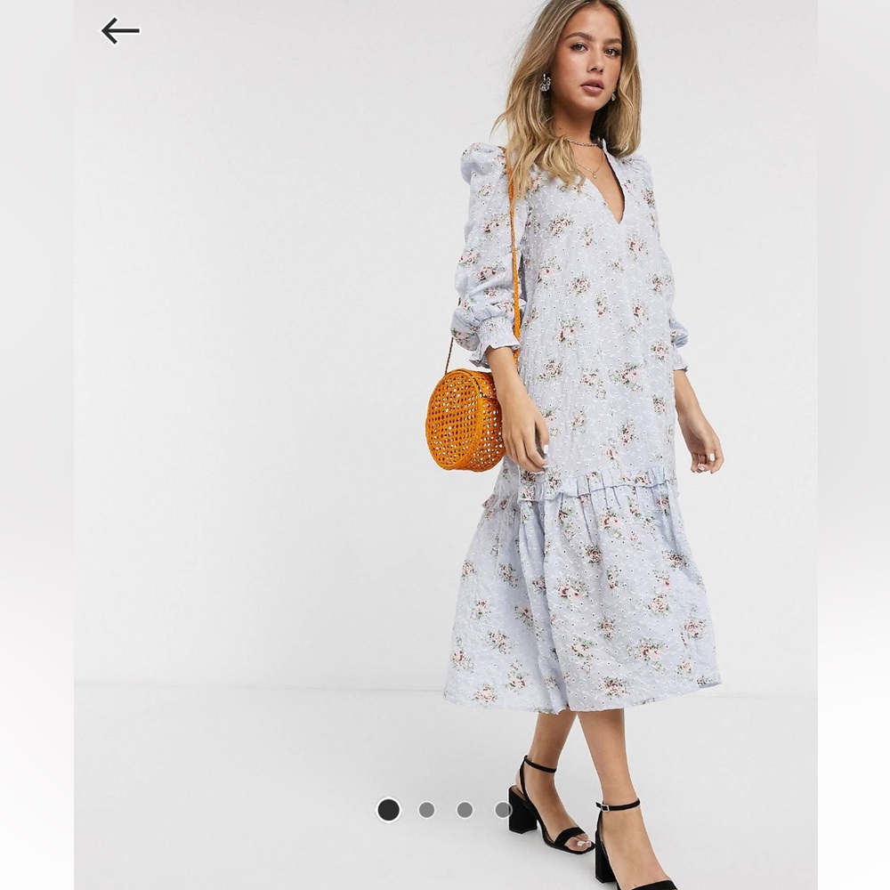 ASOS Blue Floral Midi Dress Trapeze Smocked Sleeves Puff Shoulder. - Picture 2 of 6